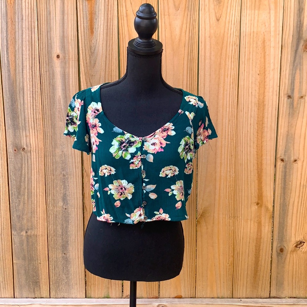 Xhileration Short Sleeve Teal Floral Blouse